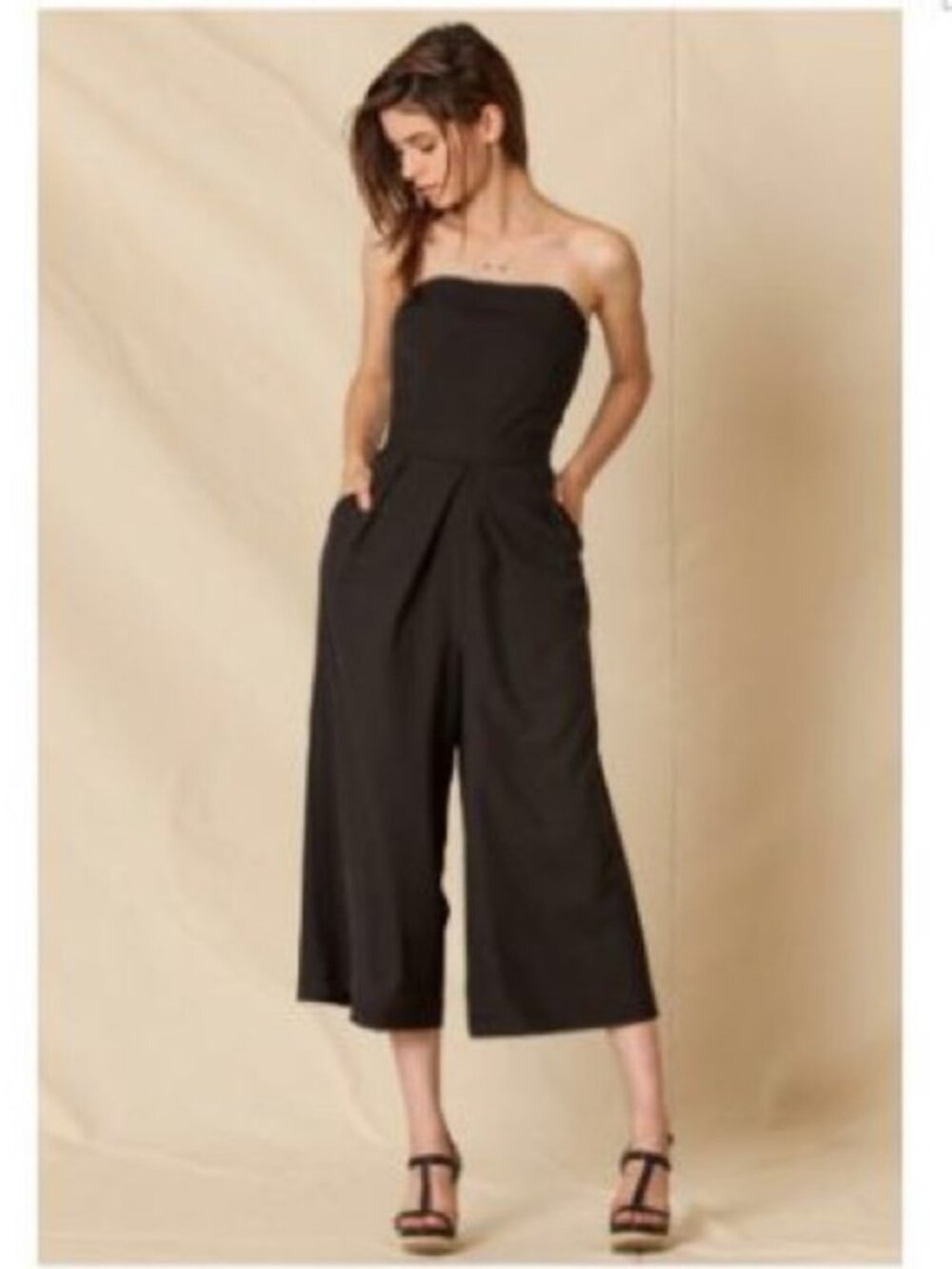 Sans Souci Black Bustier Strapless Wide Leg Ankle Cropped Jumpsuit